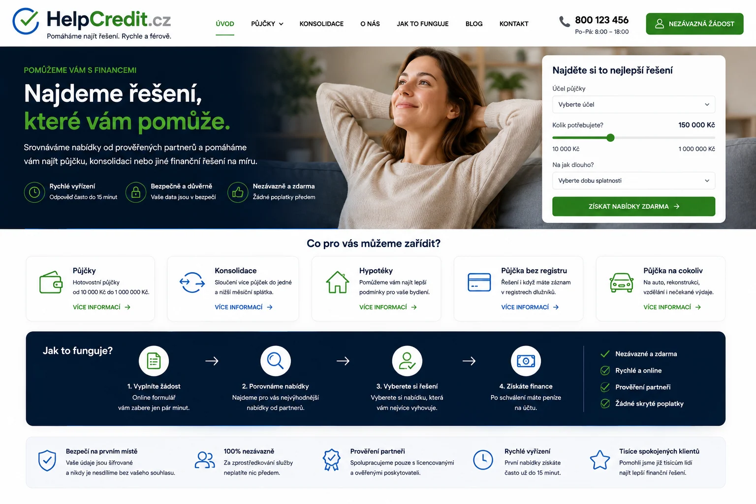 Ilustrační návrh úvěrového portálu HelpCredit.cz s modrými a zelenými prvky